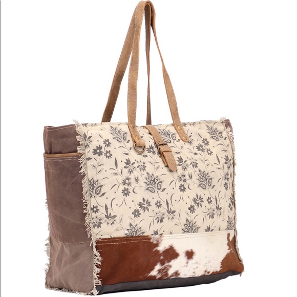 Myra Bag Floret Upcycled Canvas Cowhide weekender - Picture 2 of 3